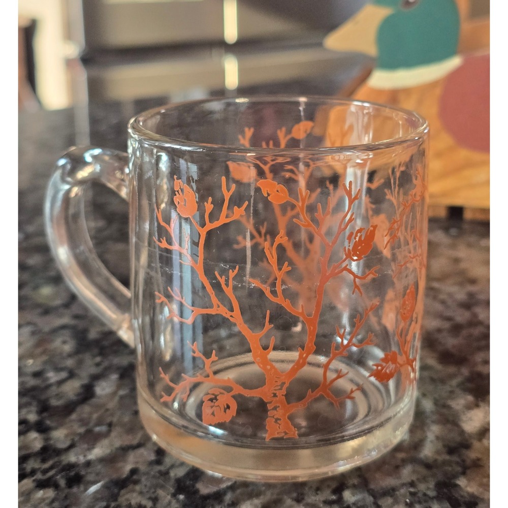 Vintage Libbey Autumn Tree Design Clear Glass Mug Coffee Tea Cup Fall Leaves